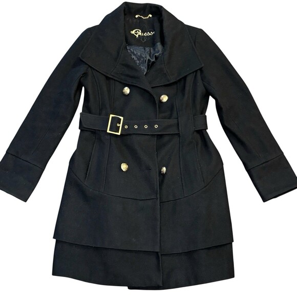 Guess Pea Coat Women's Sz M Black Wool Shell Lined Jacket W/ Belt & Gold Buttons - Picture 1 of 5